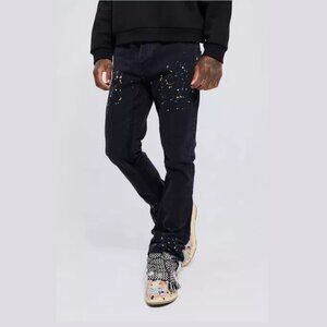 Boohoo Men's Skinny Flare Panel Paint Splatter Jeans - 28R